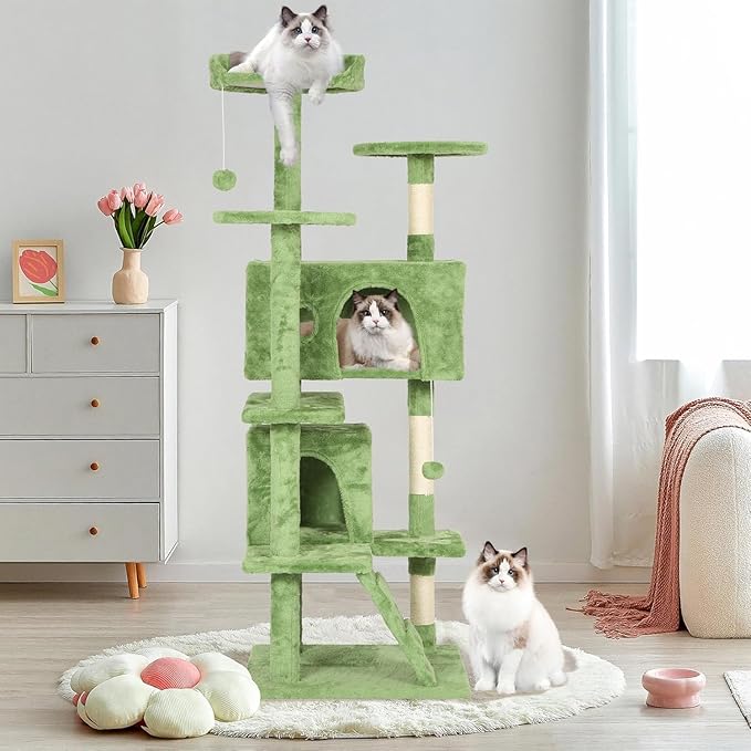 GINMAON 70 Inch Green Cat Tree, Tall Cat Tower with 2 Condos, 3 Scratching Posts, Multi-Level Platforms - Sturdy Climbing Structure Tall Cat Tower for Indoor Cats