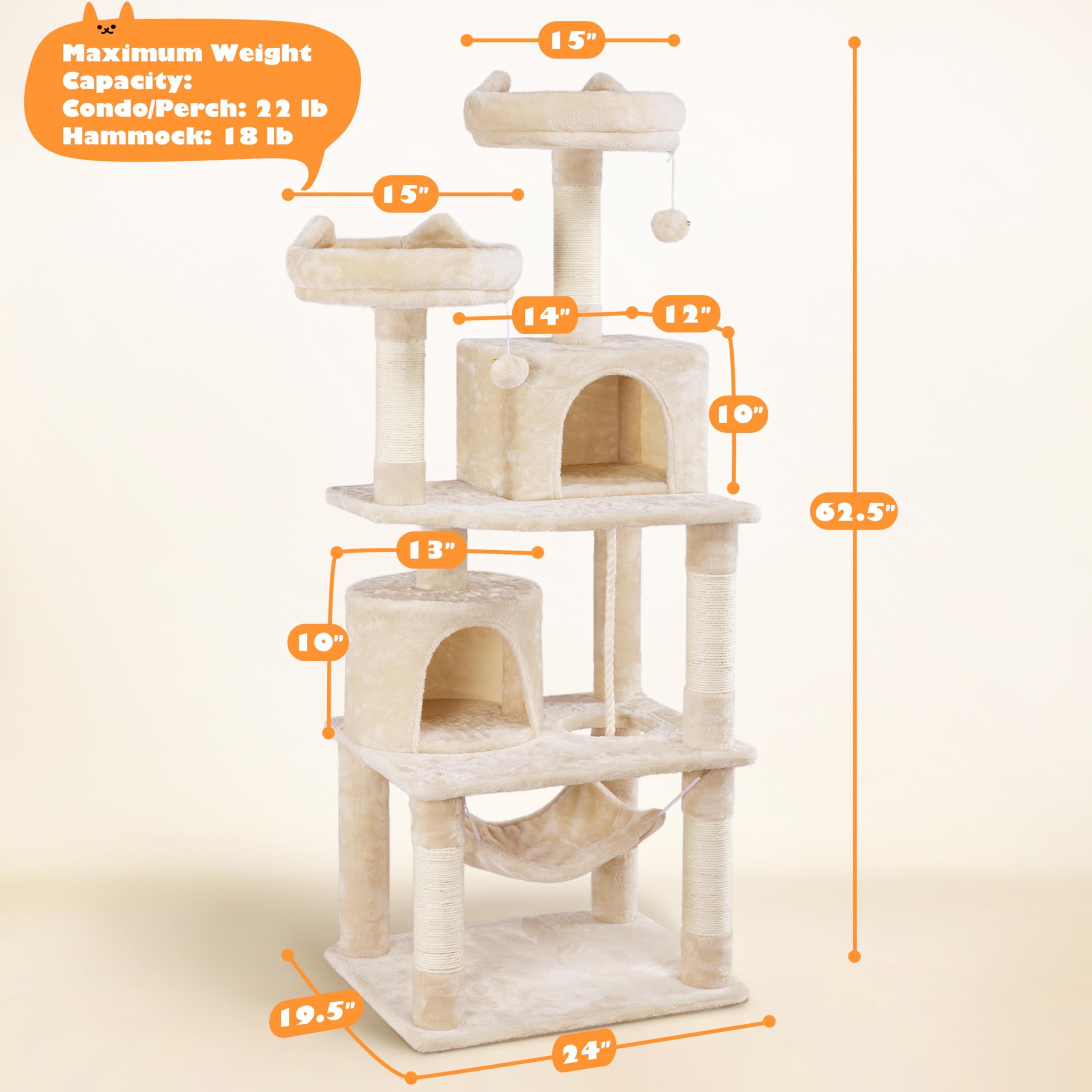 Topeakmart 62.2 inches Cat Tree with Double Condos, Scratching Posts & Hammock, Kitty Activity Tree Center Kitten Play House