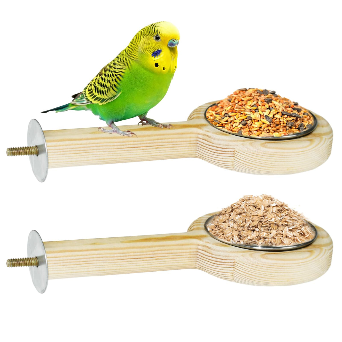 2 Pack Bird Perch Feeding Cup, Bowls for Cage Wooden Perch Stand Hanging Bowls for Bird Cage Accessory Parrot Wood Perch Stand Toy for Parakeet Lovebird Cockatiel Budgie