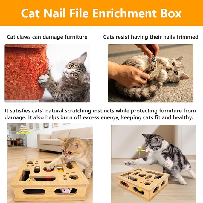 MUCAOL Cat Scratch Puzzle Enrichment Box,Clawcraft Wooden Cat Scratcher,No Assembly Required,Built-in Sandpaper Trims Your pet's Claws as They Play(Burlywood Color)