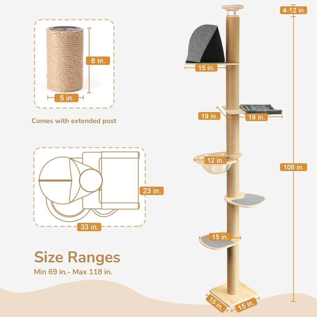 FUKUMARU Floor to Ceiling Cat Tree, 5.7-9.8 ft, 6 Level