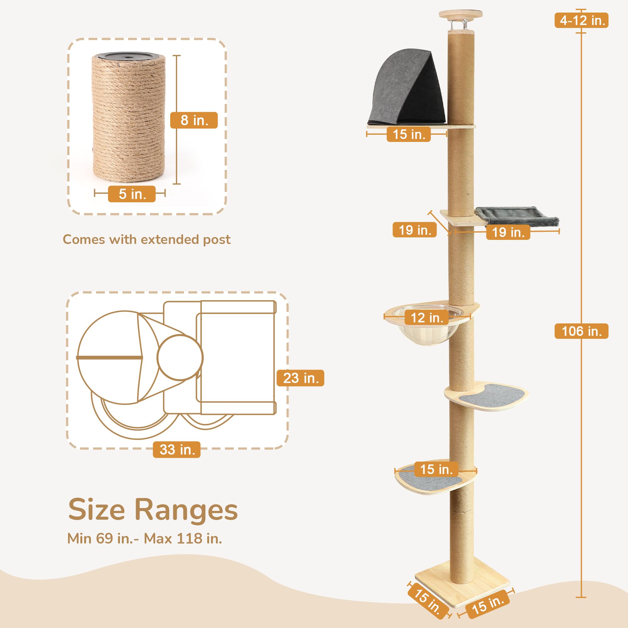 FUKUMARU Floor to Ceiling Cat Tree, 5.7-9.8 ft, 6 Level
