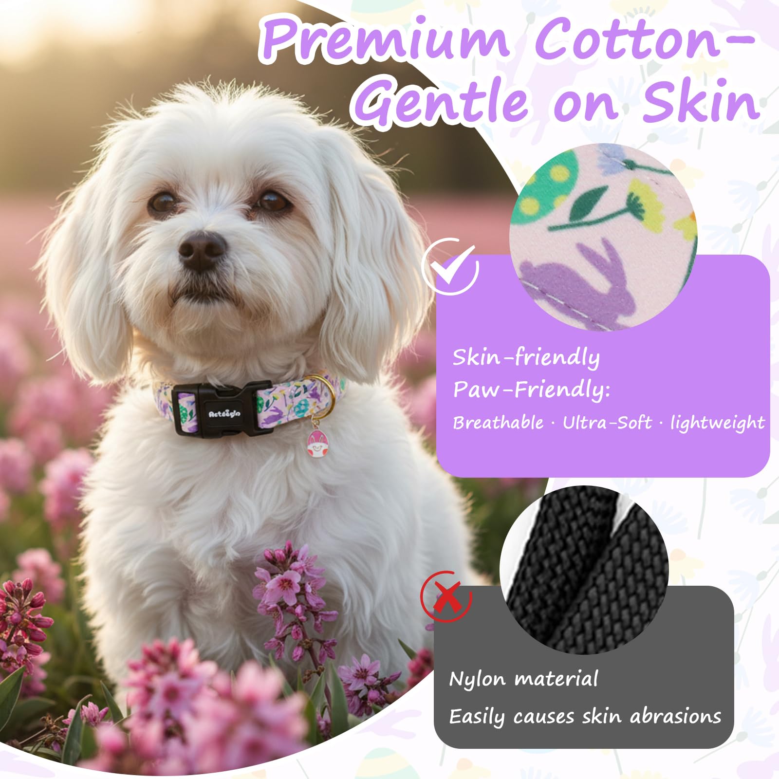 Astdogio Easter Dog Collar, Spring Easter Egg Print Dog Collar with Purple Rabbit, Adjustable Cotton Puppy Collars Girl Boy Collar for Small Medium Large Dogs -XS