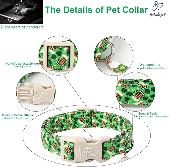 Babole Pet St Patricks Day Dog Collar for Medium Dogs - Green Beer Shamrock Dog Collars for Boys&Girls Dogs, Adjustable Irish Clover Puppy Collar with Quick Release Buckle M