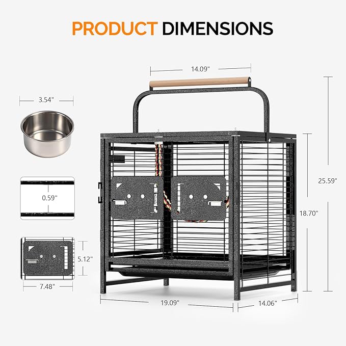 VINGLI Small Bird Cage, 19 inch Travel Carrier Bird Cage with Handle, Wrought Iron Parakeet Cage with Wooden Perch for Parrot Lovebirds Finches Small/Medium Birds (Hammertone Black)