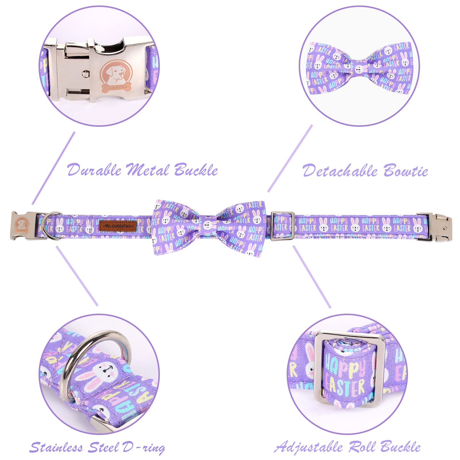 ·MR. CHUBBYFACE· Easter Dog Collar Rabbit Puppy Collar with Bow, Adjustable Pet Collar Bowtie for Small Medium Large Dogs