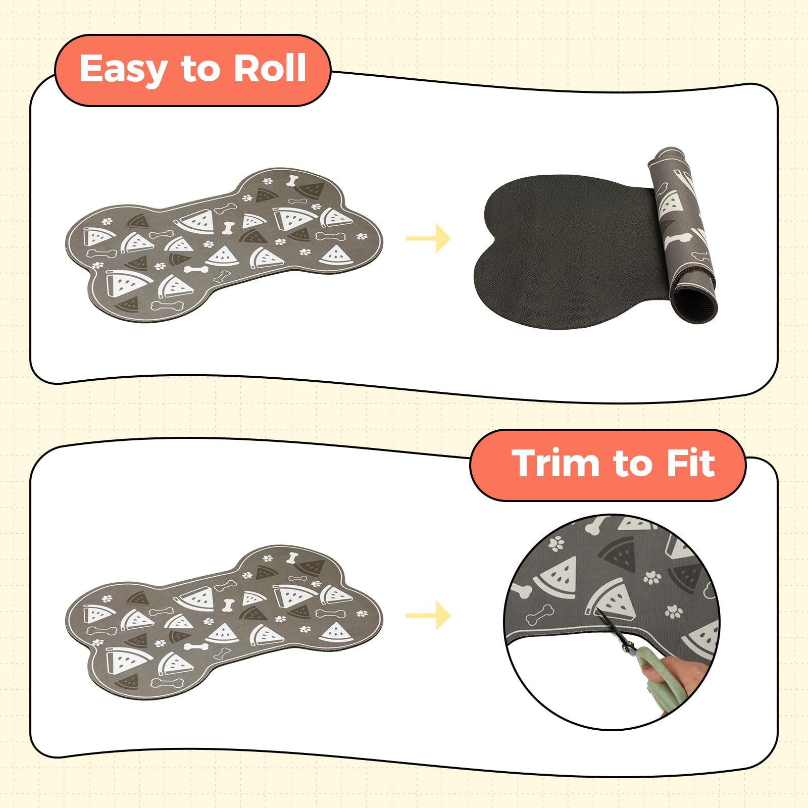 TORJOY Dog Food Mat, 0.15” Thickened Super Absorbent Pet Feeding Mat for Food and Water, Fruit Donut Pattern Cat Placemat, Quick Dry Non-Slip Dog Bowl Mat, Water Splash Proof（Medium Watermelon Grey）