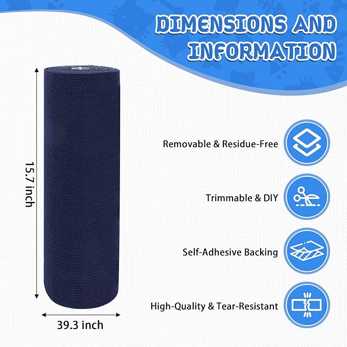 Climbing Cat Scratcher Mat Trimmable Cat Scratching Post Carpet Self Adhesive Carpet Mat Pad Replacement for Cat Tree Shelves Post Couch Wall Furniture Steps DIY Protector (Dark Blue, 15.8’’x39.3’’)