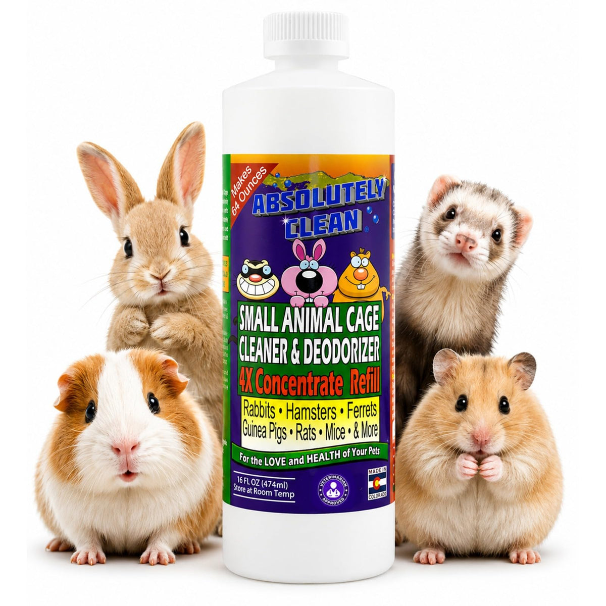 Absolutely Clean Amazing Small Animal Cage Cleaner, Just Spray/Wipe, Easily Removes Messes & Odors - Hamster Cages, Mice, Rat Cage, Guinea Pig Cage, Rabbit Cage, Ferret Cage, Dog Cage - USA Made