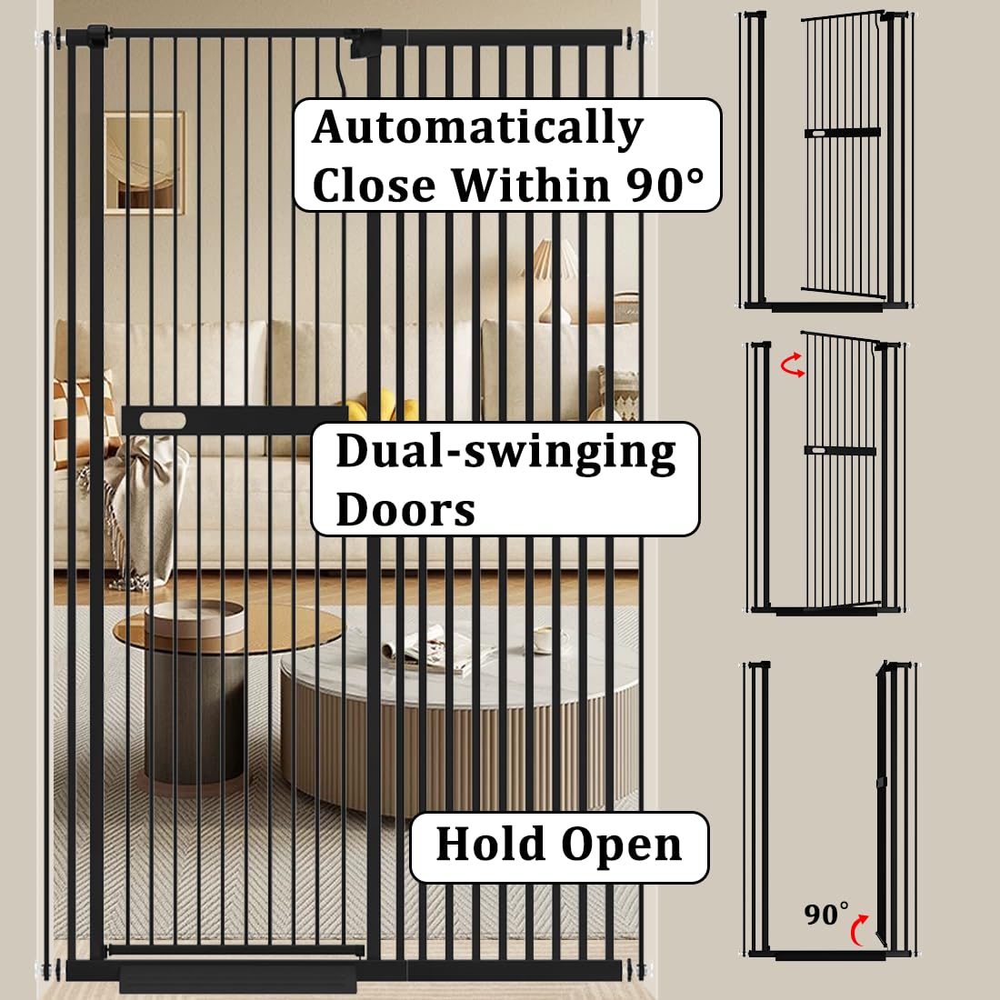 WAOWAO 71" Extra Tall Cat Pet Gate 29.92-37.79" Wide Pressure Mounted Walk Through Swing Auto Close Safety Black Metal Dog Pet Puppy Cat for Indoor Stairs,Doorways