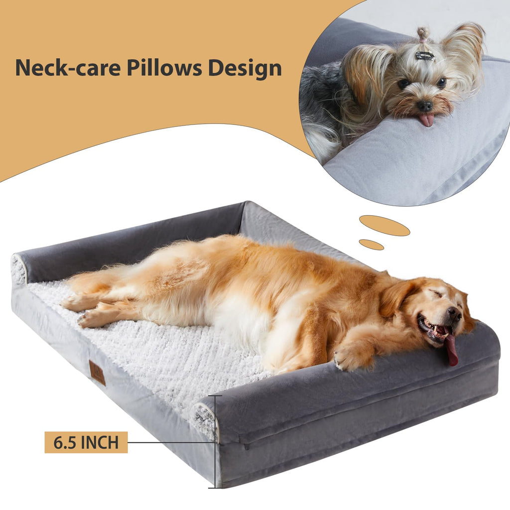 WNPETHOME Orthopedic Dog Beds for Extra Large Dogs, Waterproof Memory Foam XL Pet Bed with Sides, Non-Slip and Egg-Crate Foam Big Dog Couch Bed with Washable Removable Cover, Grey