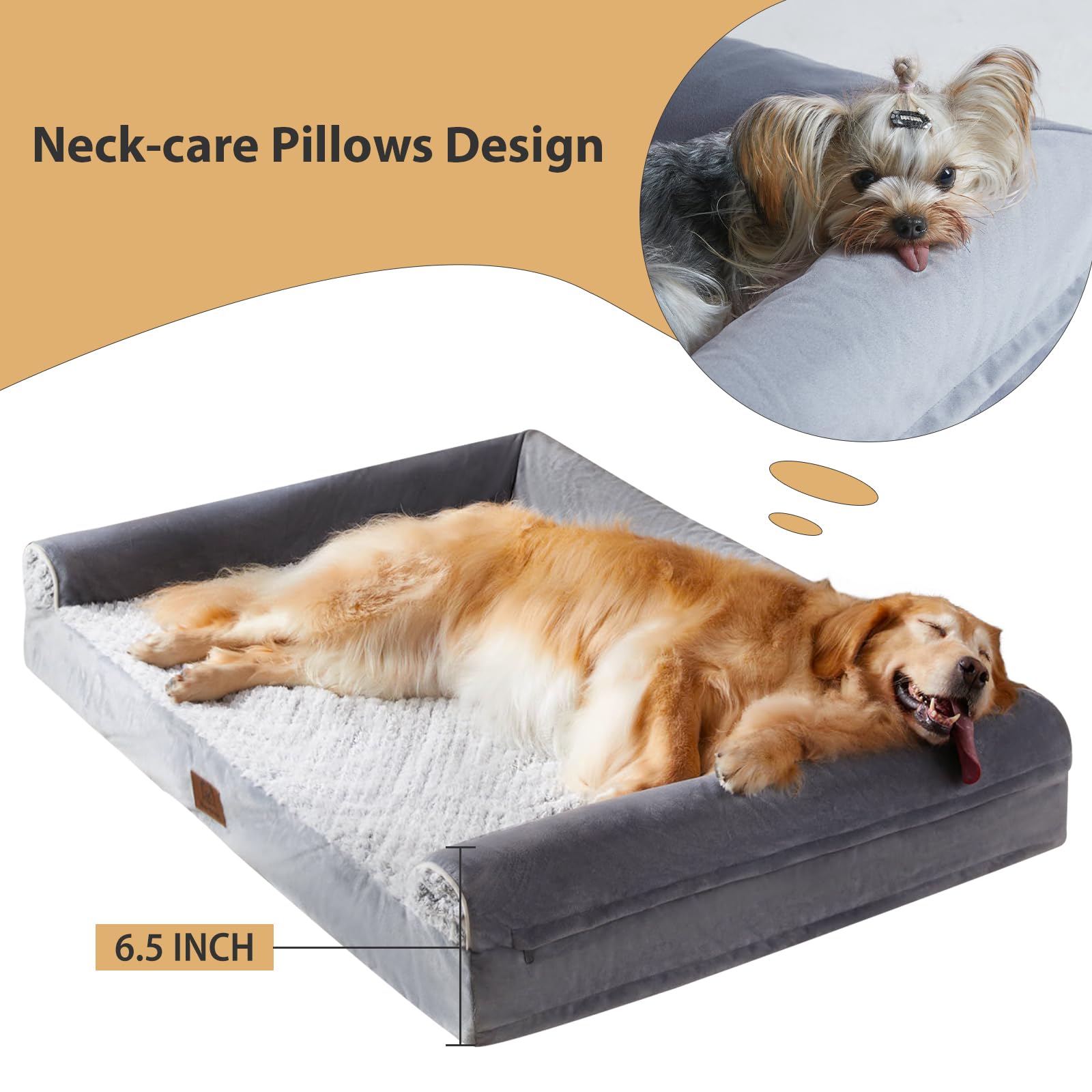 WNPETHOME Orthopedic Dog Beds for Extra Large Dogs, Waterproof Memory Foam XL Pet Bed with Sides, Non-Slip and Egg-Crate Foam Big Dog Couch Bed with Washable Removable Cover, Grey