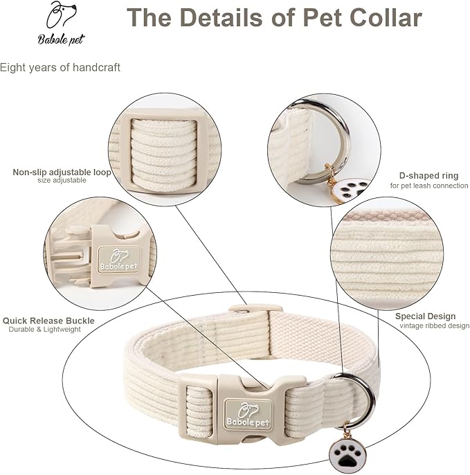 Cute Corduroy Dog Collar - White Adjustable Dog Collars for Large Dogs 50-80lbs, Fade-Proof with Secure Snap & Little Charm, Christmas Birthday Gift, L
