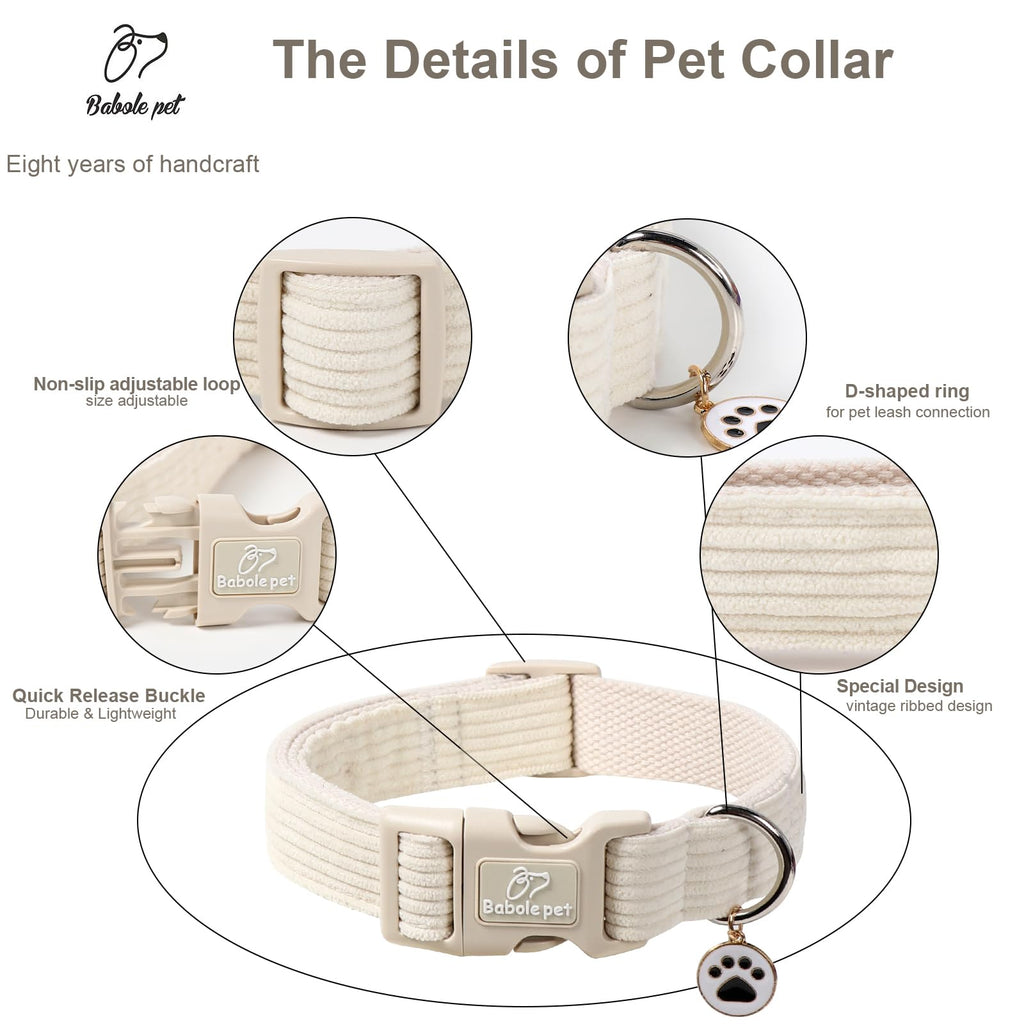 Babole Pet Cute Corduroy Dog Collar - White Adjustable Dog Collars for Small Dogs 10-25lbs, Fade-Proof with Secure Snap & Little Charm, Christmas Birthday Gift, S