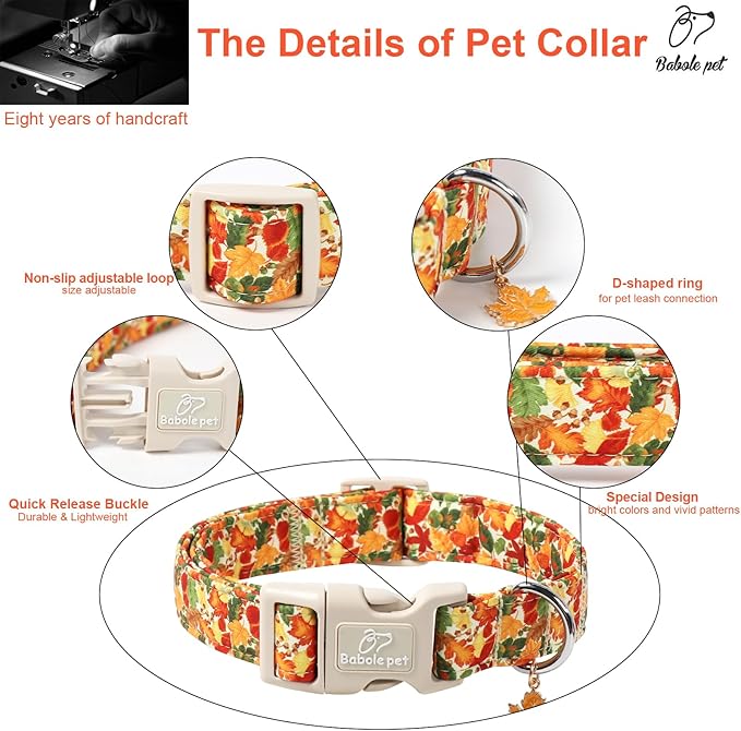 Babole Pet Fall Dog Collar Cute Autumn Leaves Puppy Collar - Light Comfortable Adjustable Pet Collars for Small Medium Large Girl Boy Dogs S