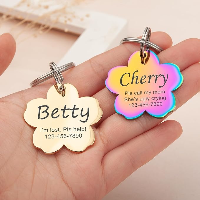 Anavia Personalized Pet ID Tags, Stainless Steel Glossy Laser Engraved Dog Cat Collar Name Tags, Multiple Colors Shapes Sizes (Cherry Blossom, Regular)