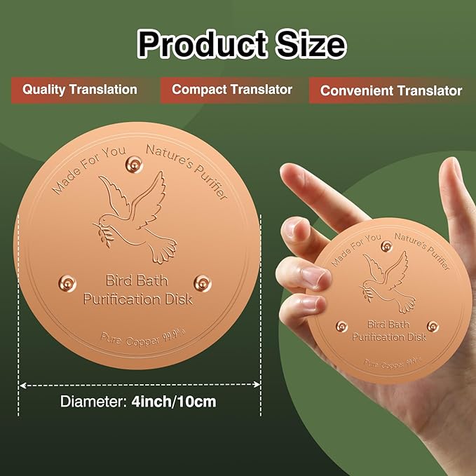 HIGHYEAH Bird Bath Copper Disc- Reinforced 99.99% Pure Copper Bird Bath Purification Basin with Three-Point Support Providing Physically Safe Clean Water Suitable for Outdoor Bird Baths