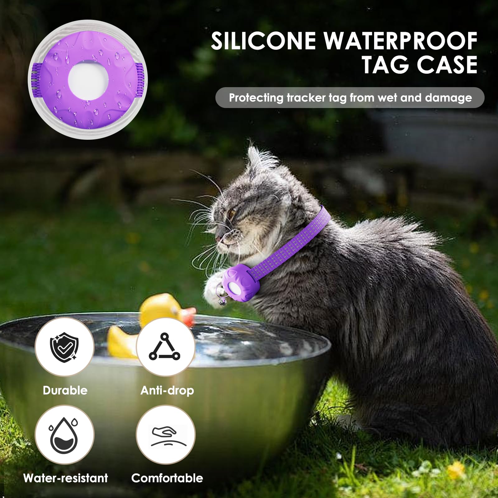 Cat Tracker, Waterproof Pet Tracker for Cats, Cat GPS Tracker Collar with Safety Elastic Buckle, Works with Any Collar, GPS Tracker Compatible with Apple Find My App (Only iOS), No Monthly Fee, Purple