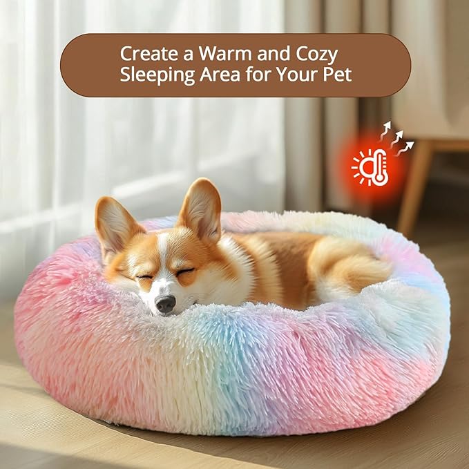 JOLLYVOGUE Calming Dog Beds Large Sized Dog, 36in Donut Washable Large Pet Bed, Anti-Slip & Anti-Anxiety Fluffy Faux Fur Round Dogs Bed, Fits up to 80 lbs Pets (Rainbow)