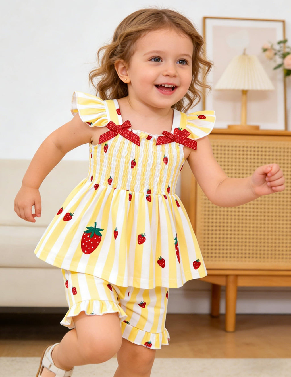 Popshion Baby Girls Summer Clothes Strawberry Outfits for Girls Ruffle Sleeveless Smocked Shirts Strawberry Top and Short 2pcs Yellow Outfits Set Size 4t/2229