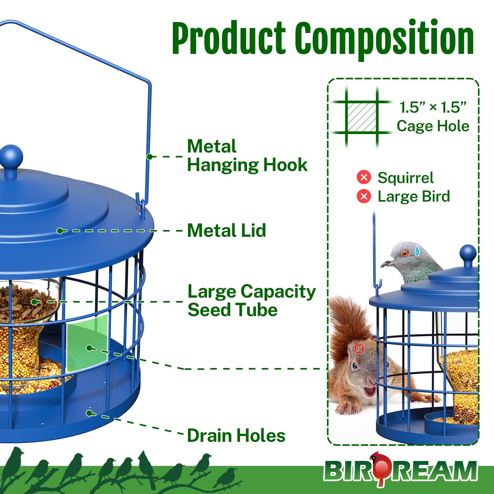 Birdream Squirrel Proof Bird Feeder, Metal Cage Bird Feeder for Outdoors Hanging, Starling Resistant Design for Small Birds, Weatherproof with Drain Holes, Easy to Refill, Blue
