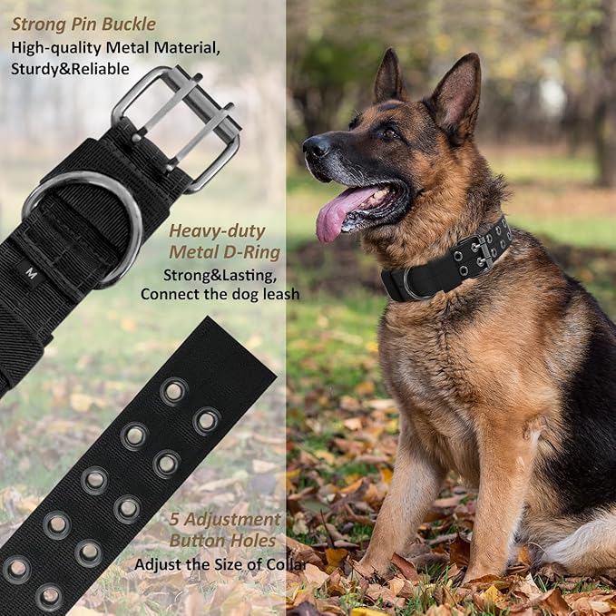 Tactical Dog Collar Military Adjustable Dog Collars Soft Nylon Training Collar with Patch Heavy Duty Metal Buckle Collars for Medium Large Dogs (Green, M)