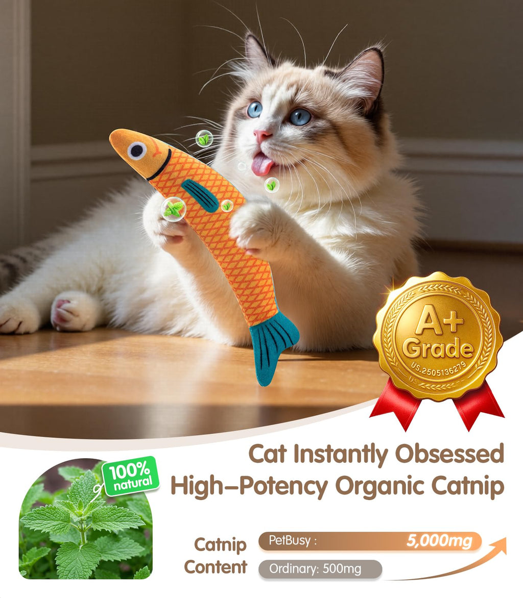 PetBusy Cat Toys with[5000mg A+Natural Catnip &Silvervine] [Baby Grade] Interactive Soft Chew Kicker Cat Toys for Indoor Cats & Kittens, [Crinkle &Bell] Fish Sound Toy, Drives Bored Cat Crazy with Fun