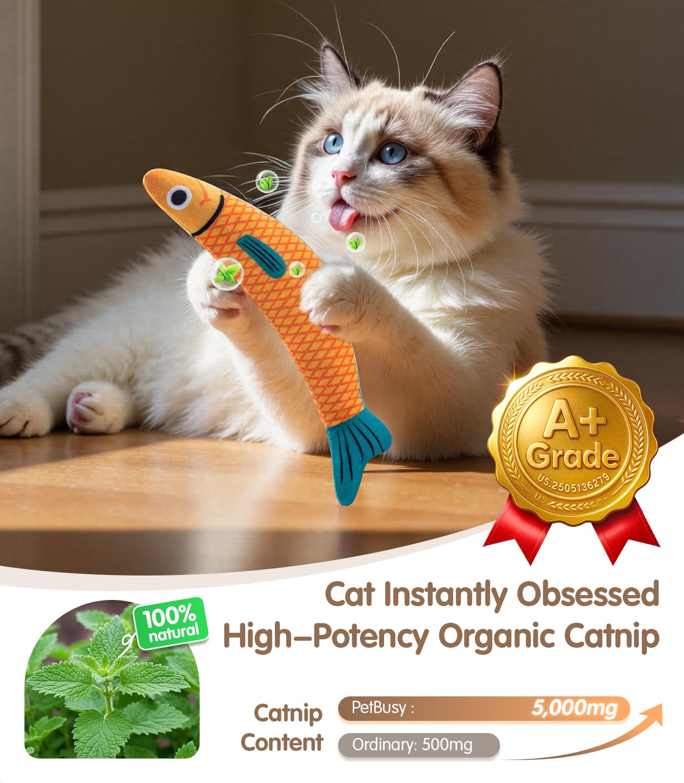 PetBusy Cat Toys with[5000mg A+Natural Catnip &Silvervine] [Baby Grade] Interactive Soft Chew Kicker Cat Toys for Indoor Cats & Kittens, [Crinkle &Bell] Fish Sound Toy, Drives Bored Cat Crazy with Fun