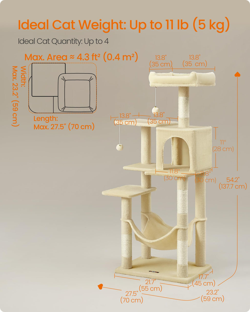 Feandrea Cat Tree, 54.2-Inch Cat Tower, Plush Multi-Level Condo with 4 Scratching Posts, 2 Perches, Hammock, Cave, Beige UPCT161M01