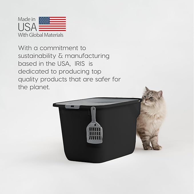 IRIS USA Cat Litter Box, Large Cat Box Enclosure, Top Entry with Litter Catching Lid, Enclosed with Scoop, Black/Gray