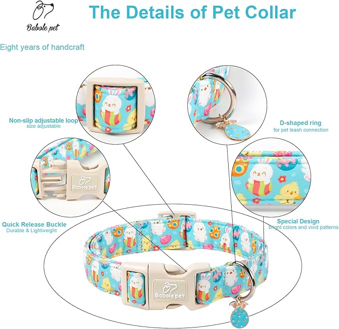 Easter Dog Collar for Giant Large Dogs - Cute Easter Egg Hunt Dog Collars for Boy Girl Dogs, Playful Bunny & Chick Print, Lightweight Adjustable Spring Holiday Dog Collar XL