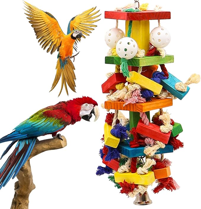 unimaxlink 3-in-1 Parrot Toys Natural Coconut Fiber Parrot Hammock (Swing + Perch + Chew Toy) Natural Bird Perches for Medium Large Birds - 23" Bird Toys for Parrots Stand