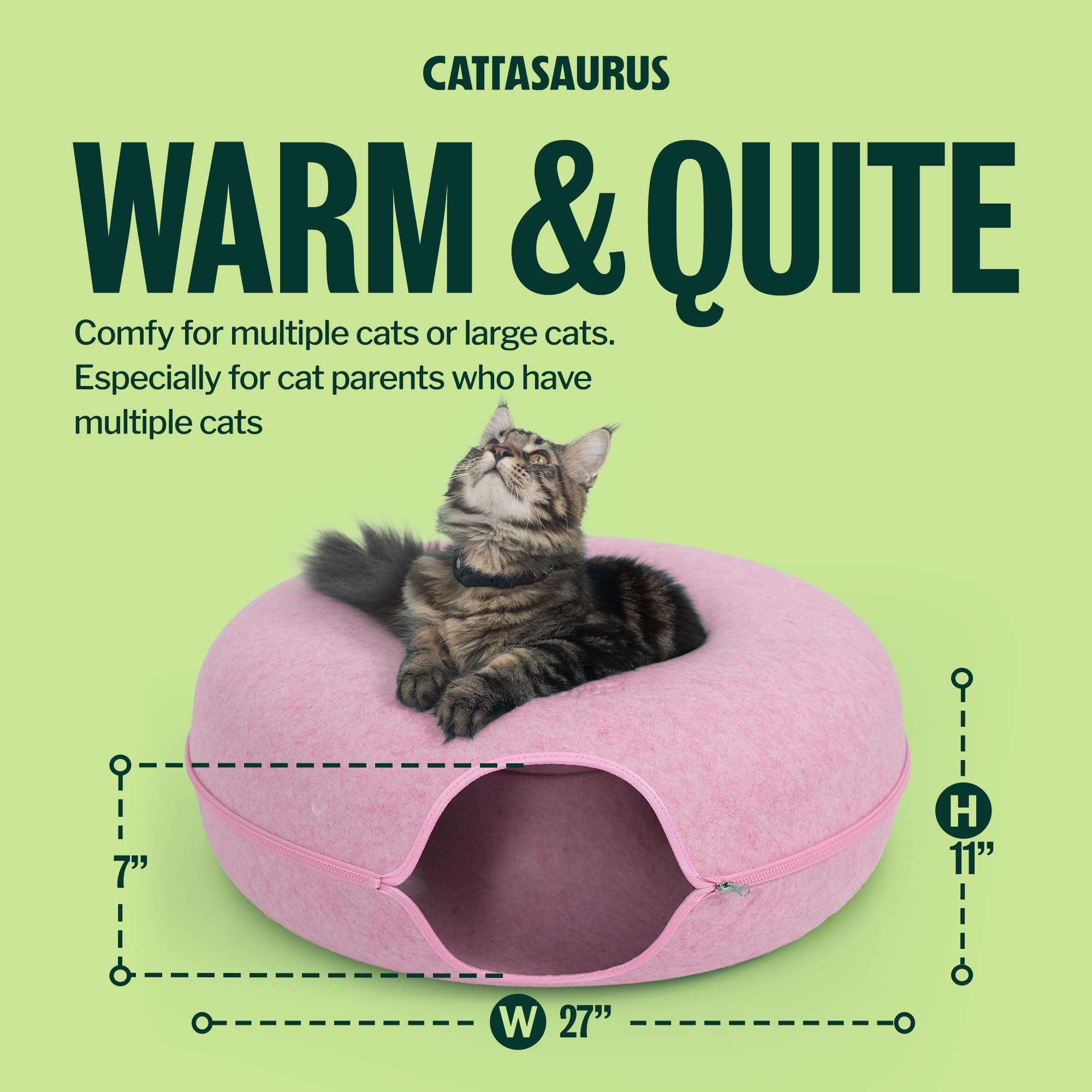 Cattasaurus Peekaboo Cat Cave Donut for Multiple & Large Cats up to 30-45 lbs, 3-in-1 Self Warming Cat Bed, Tunnel & Scratcher for Indoor Cats, Washable & Detachable Small Dog Bed (Pink, Jumbo)