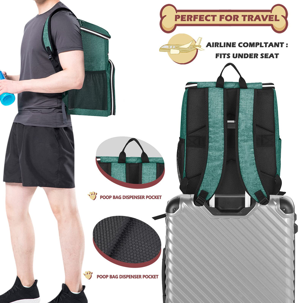 BAGLHER丨Dog Travel Bag Backpack, Airline Approved Pet Supplies Backpack, Dog Travel Bag with 2 Silicone Collapsible Bowls and 2 Food Baskets Green