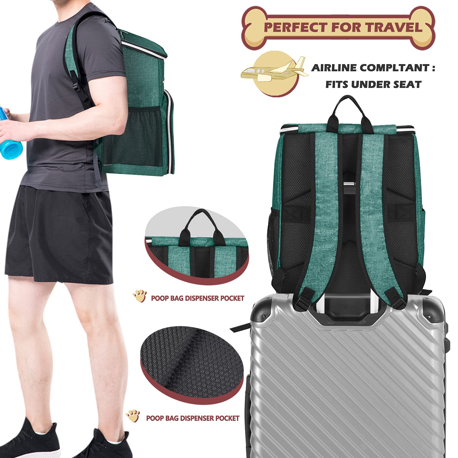 BAGLHER丨Dog Travel Bag Backpack, Airline Approved Pet Supplies Backpack, Dog Travel Bag with 2 Silicone Collapsible Bowls and 2 Food Baskets Green