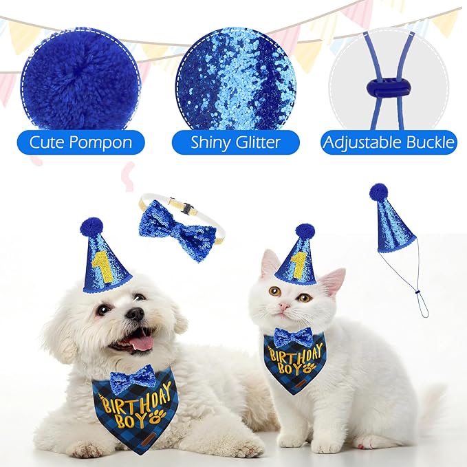 EXPAWLORER Dog Birthday Party Supplies - Dog Birthday Bandana Scarf and Party Hat with Numbers Boy Girl Pet Bow Tie, Cute Outfit for Small Medium Large Dogs (Small)