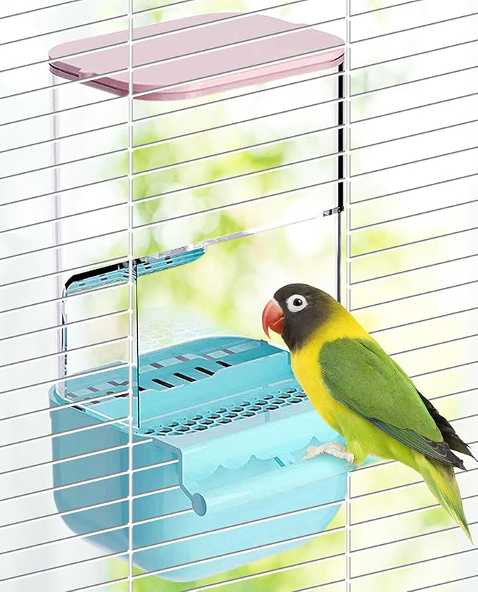 BNOSDM No Mess Bird Automatic Feeder Bird Cage Feeders Parrot Cage Accessories Transparent Seed Food Container with Perch for Finches, Parakeets, Budgies, Lovebirds, Cockatoos