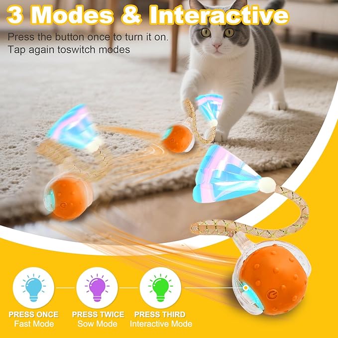Interactive Cat Toys Ball for Indoor Cats,Automatic Cat Toy with Elastic Mesh Tail,Rechargeable Rolling Kitten Toy,Cat Enrichment Toys for Indoor Cats (RedYellow1, Cat Toy Ball)