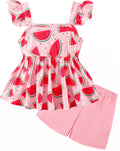 Popshion Toddler Baby Girls Clothes Watermelon Ruffle Shirt + Pink Shorts Cute Summer Short Set Size 4t/6850