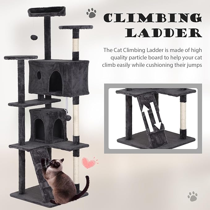 Heavy Duty Cat Tree Tower, 70" Tall Cat Tower for Indoor Cats with Cat Scratching Post with Bed, Cat Condo, Hanging Ball, Multi-Level Cat Climbing Tower Cat Trees Furniture Activity Center, Light Grey