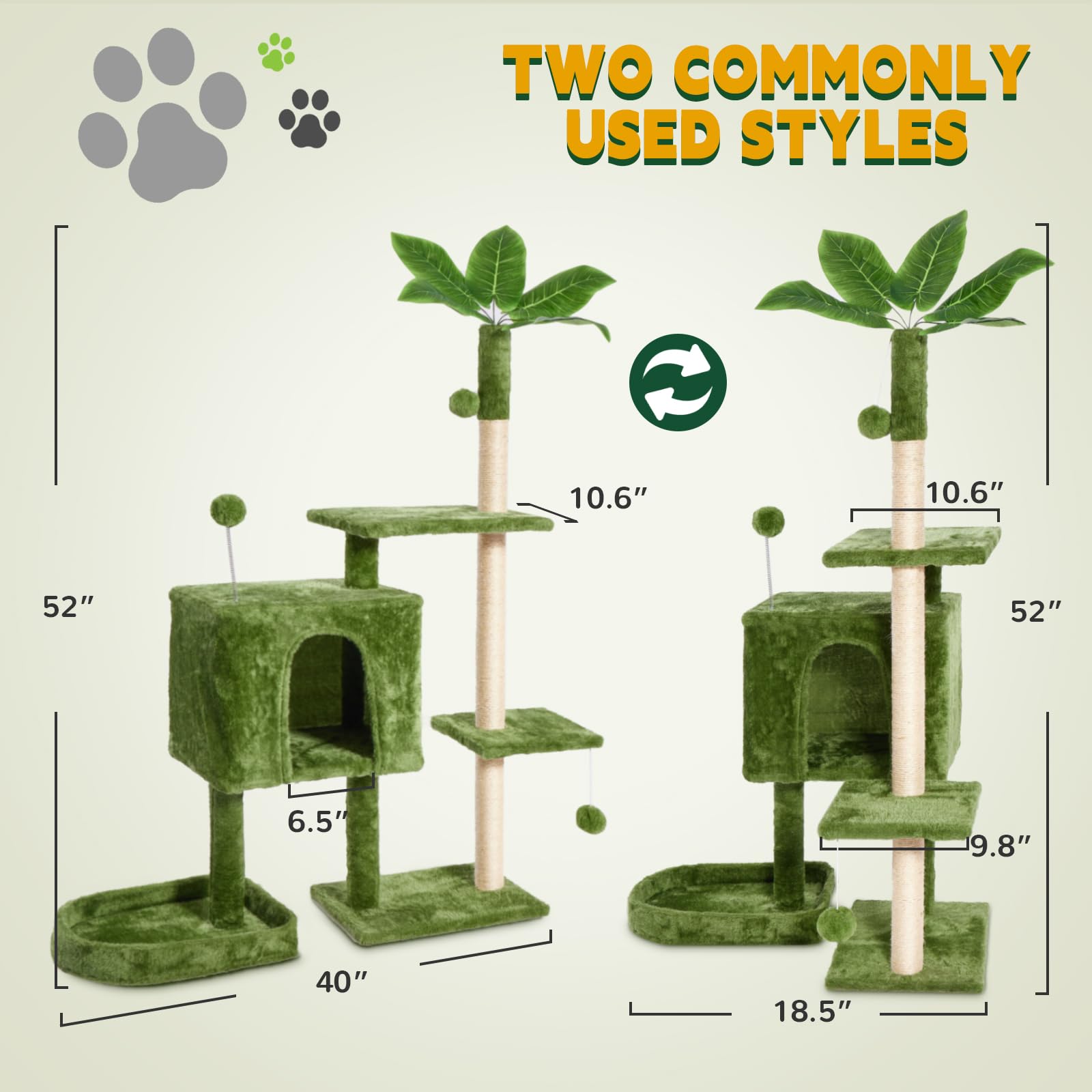 TSCOMON 52in Multi-Level Cat Tower with Sisal Scratching Posts, Hidden Cave & Perch Platform, Large Cat Condo for 1-3 Cats, Eco-Friendly Pet Furniture with Realistic Leaves, Green