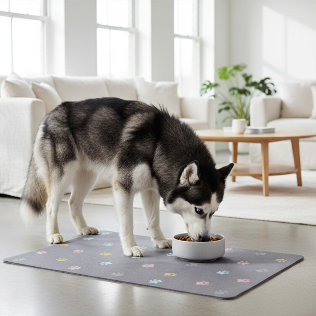 Yetstock Cat Food Mat Absorbent Dog Mat for Food and Water Non Slip Quick Dry Dog Bowl Mats for Floors 24" X 16" Paw Dark Gray