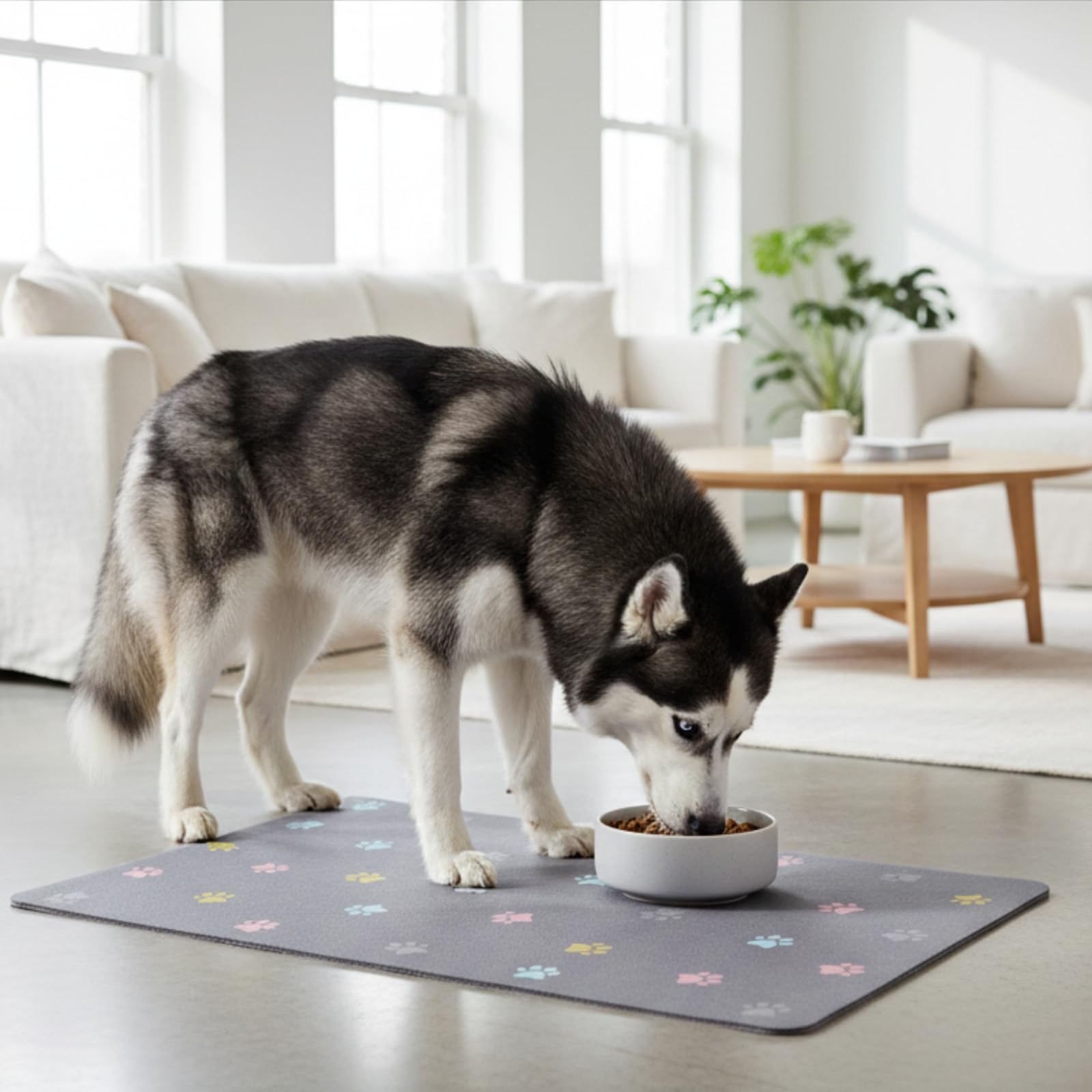 Yetstock Cat Food Mat Absorbent Dog Mat for Food and Water Non Slip Quick Dry Dog Bowl Mats for Floors 24" X 16" Paw Dark Gray