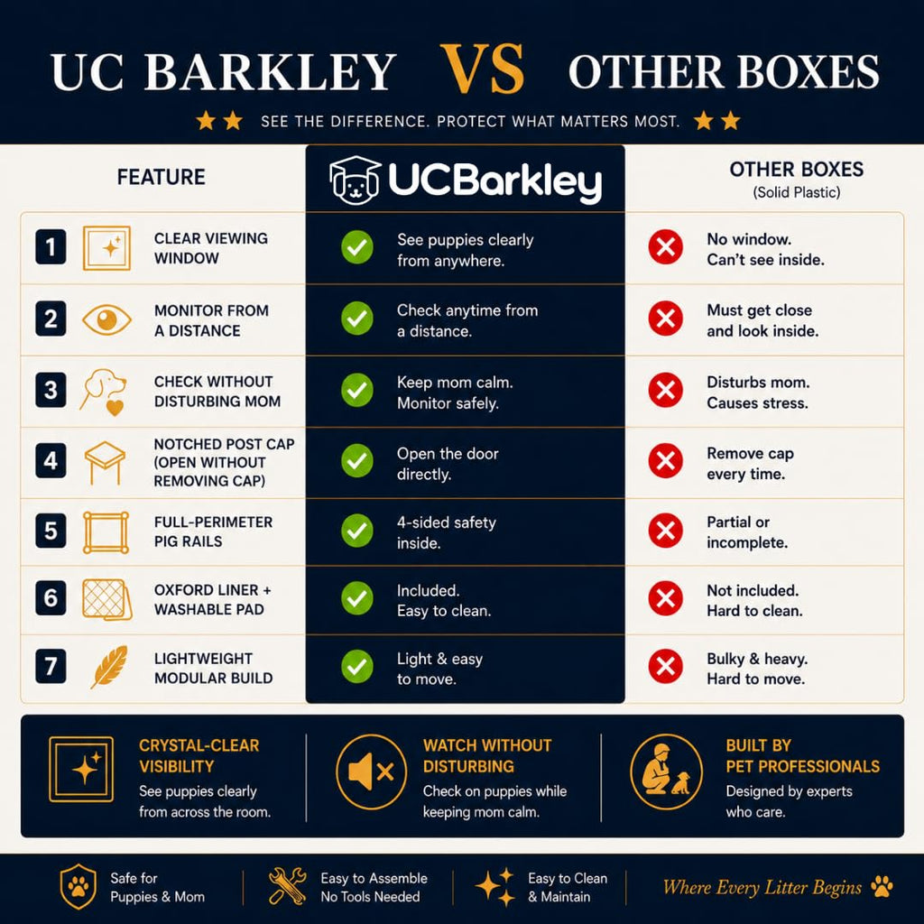 UC Barkley Whelping Box for Dogs and Puppies with Clear Window Panel – Modular, Easy-Clean, Safe Design with Pig Rail, Floor Liner & Washable Pad | Premium 48 Inch