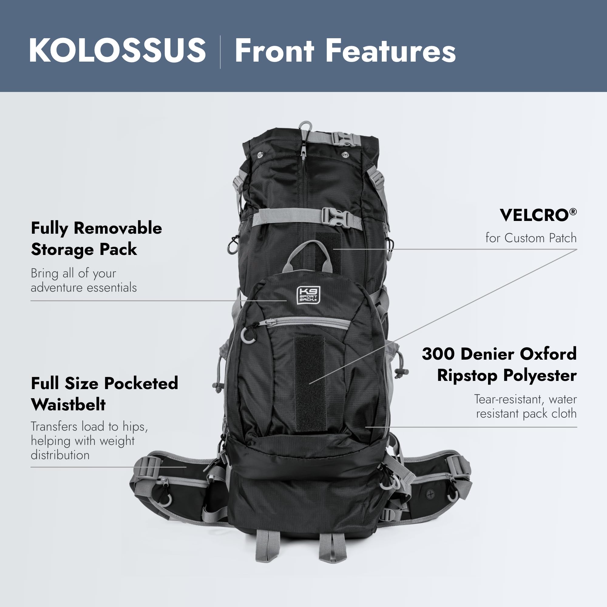 K9 Sport Sack Kolossus - Large, Black - The Big Dog Backpack - Ideal for Dogs 20-22” Long - Fully Adjustable Pet Carrier - Doubles as a Professional-Grade 60L Hiking Pack