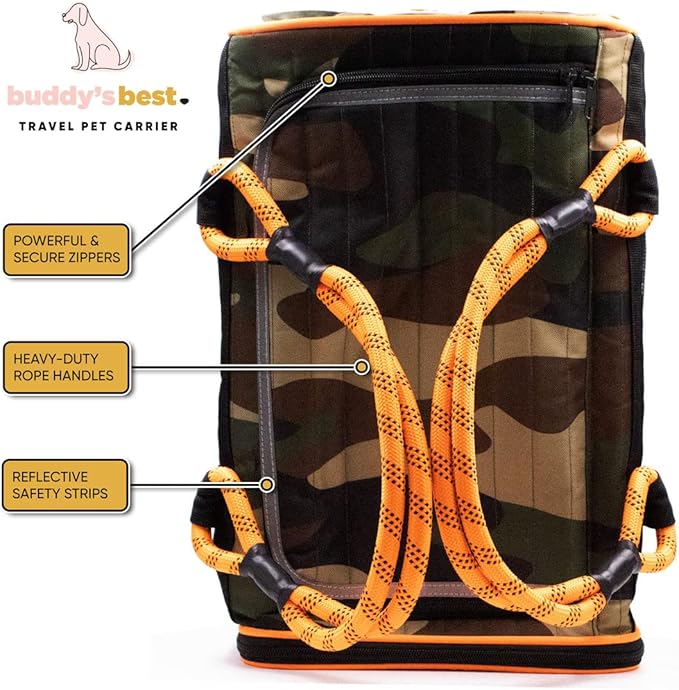 Buddy's Best Airline Approved Pet Carrier – Black & Orange Heavy Duty, Fits Under Seat, TSA Compliant, Ventilated Mesh Design w/Waterproof Base & Reflective Safety Strips