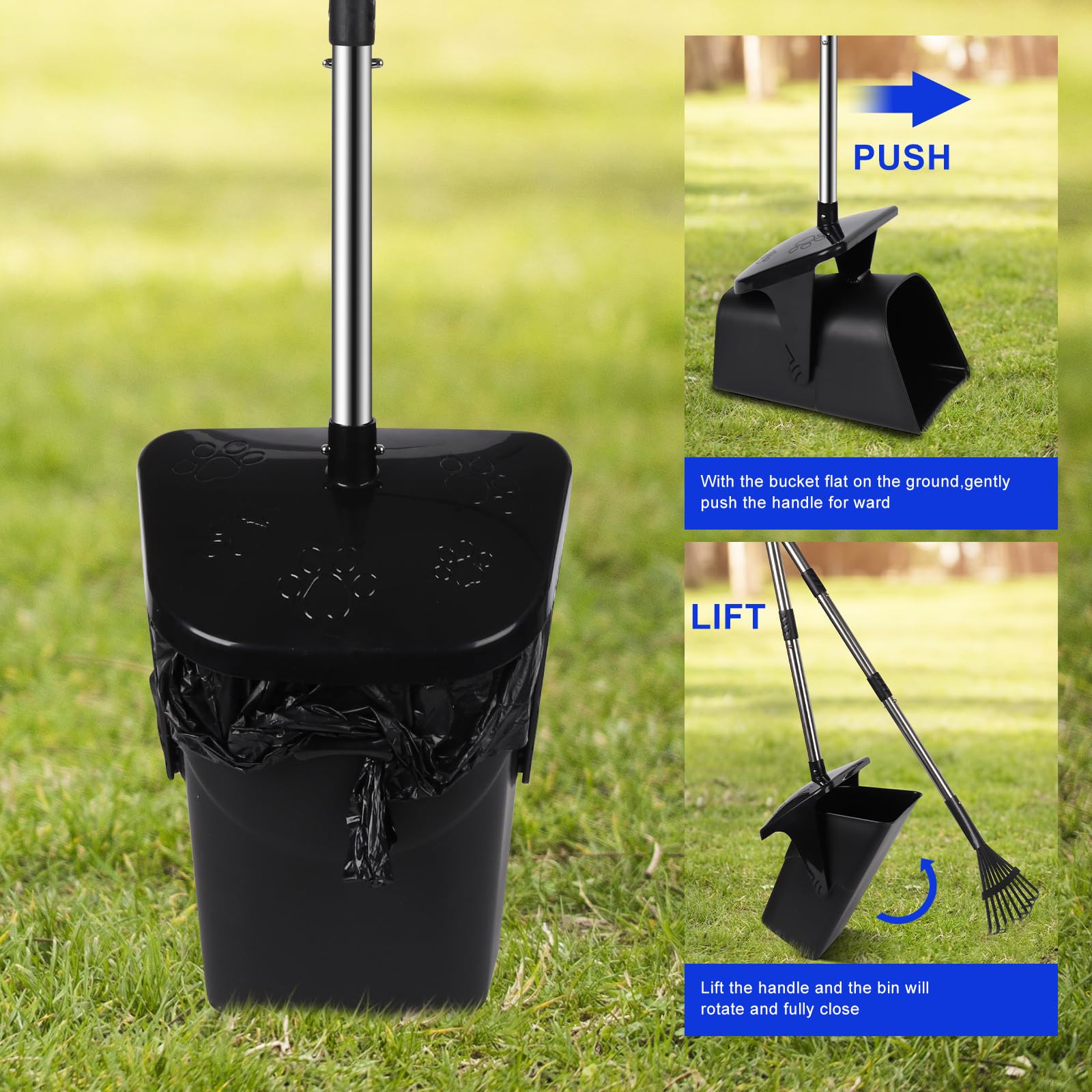 Dog Poop Scooper with 20 Bag Attachment Long Handle Swivel Bin, Rake Heavy Duty Pooper Scooper for Large Medium Dogs Easy to Clean Pet Accessory Pet Waste Removal Solution for Yard, Grass, Gravel