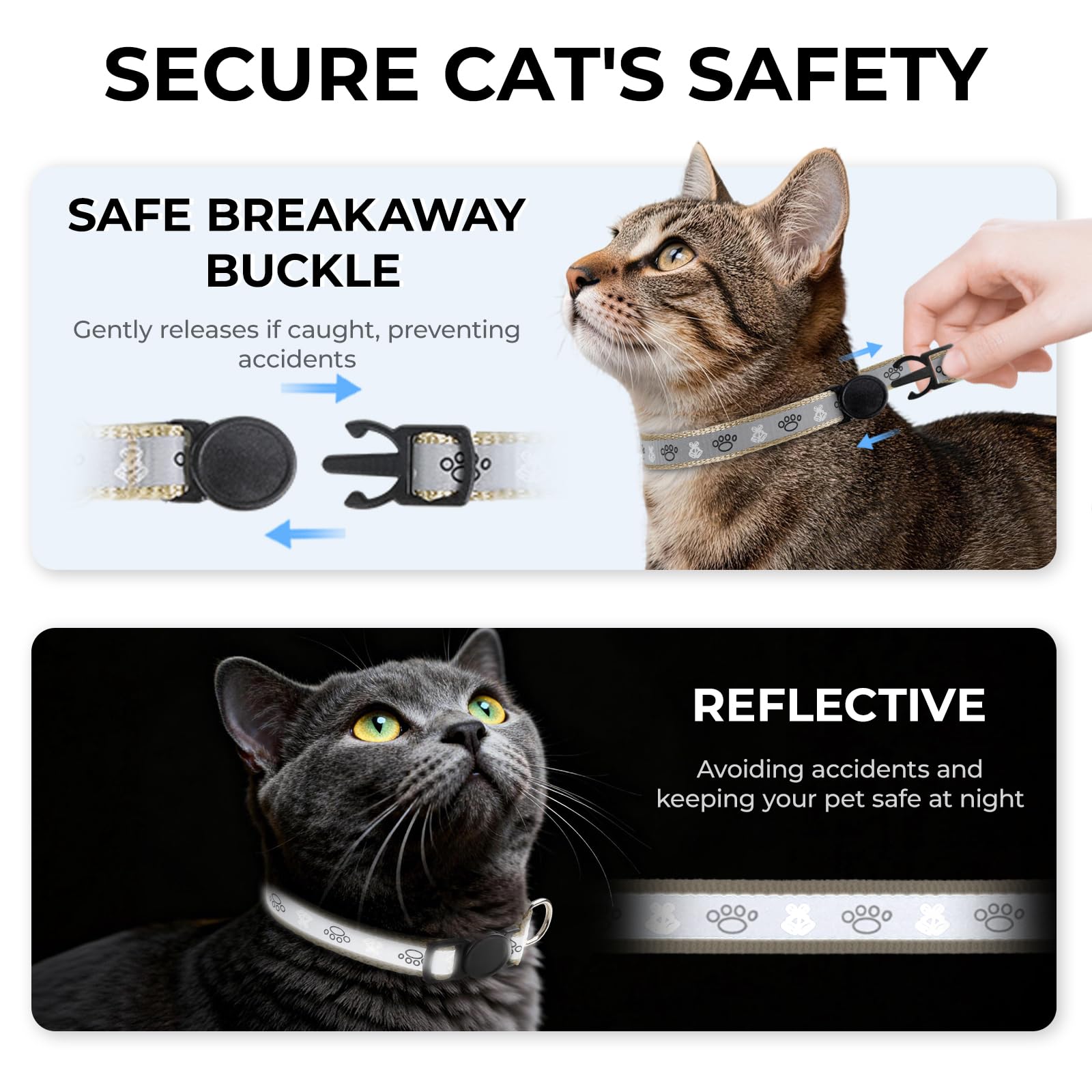 Cat Collar Breakaway, Reflective Kitten Collar with Bell, Khaki