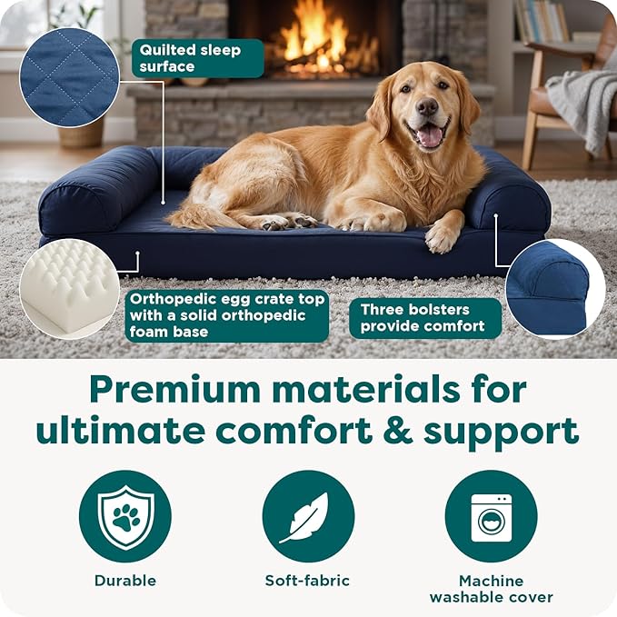 Furhaven Orthopedic Dog Bed for Large Dogs w/ Removable Bolsters & Washable Cover, For Dogs Up to 95 lbs - Quilted Sofa - Toasted Brown, Jumbo/XL