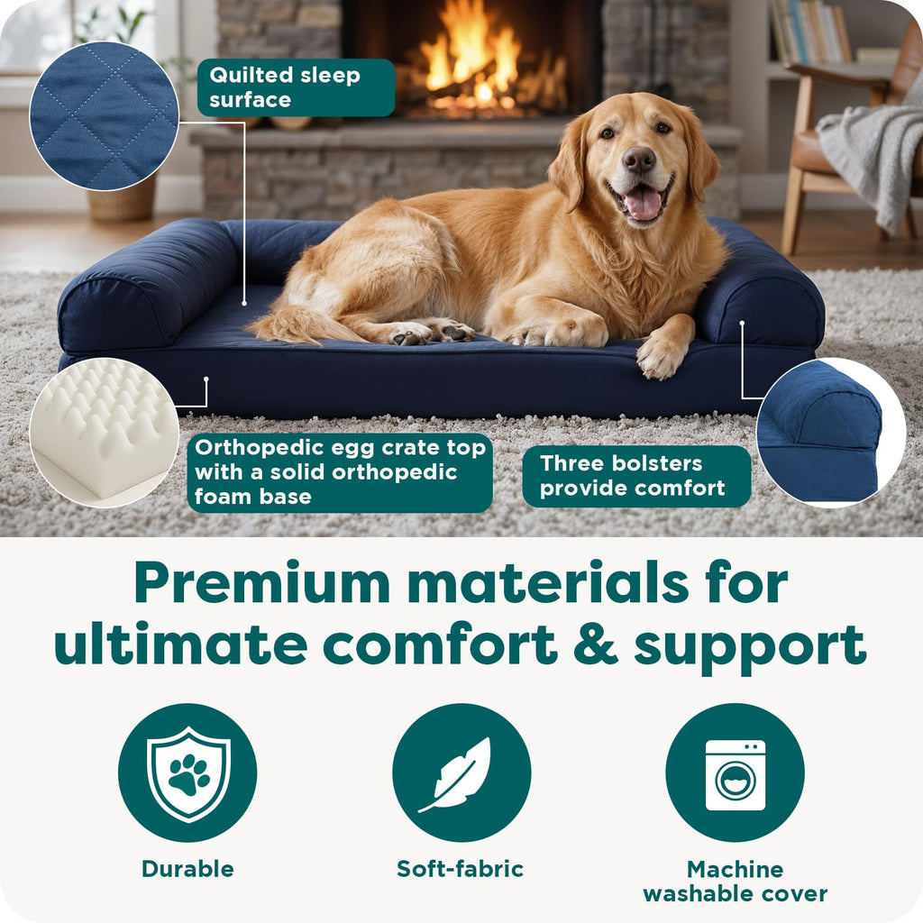 Furhaven Orthopedic Dog Bed for Large Dogs w/ Removable Bolsters & Washable Cover, For Dogs Up to 95 lbs - Quilted Sofa - Toasted Brown, Jumbo/XL